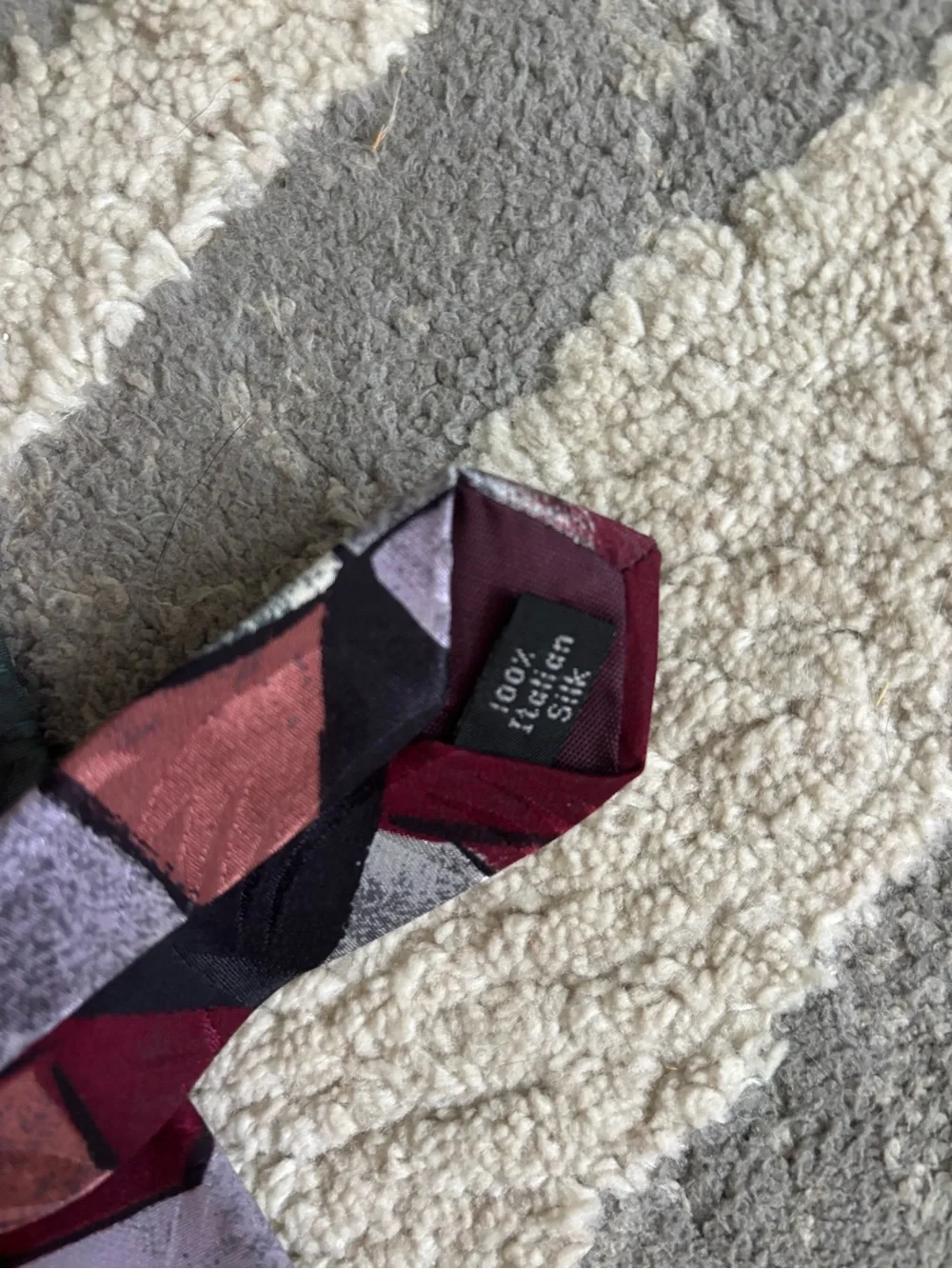 Mario Valentino Geometric Silk Tie in Burgundy, Black, Gray and Green